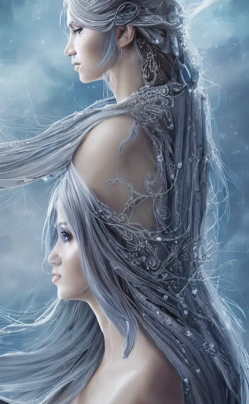 Image similar to an elven woman with long, silver hair cascading down her back. she has delicate, angular features and piercing blue eyes. she's clad in a flowing white dress with intricate silver embroidery, dynamic lighting, photorealistic fantasy concept art, trending on art station, stunning visuals, creative cinematic, ultra detailed