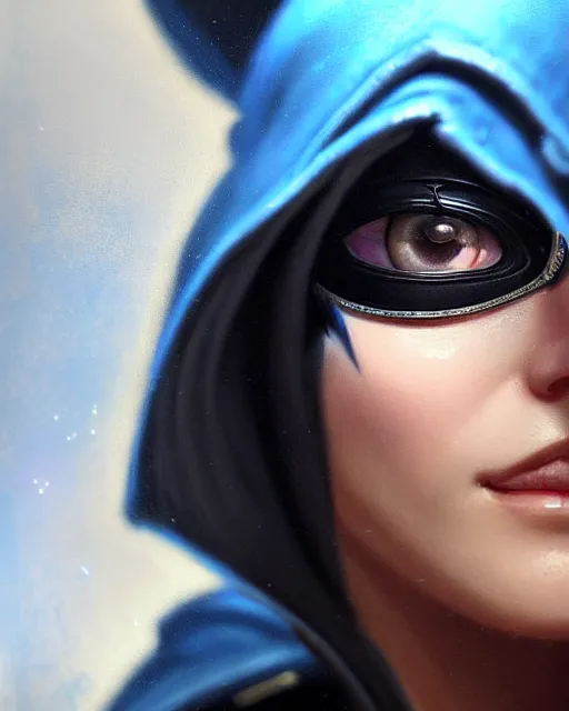 Prompt: ana from overwatch, blue hooded cloak, eye patch, black eye patch over one eye, older woman, character portrait, portrait, close up, highly detailed, intricate detail, amazing detail, sharp focus, vintage fantasy art, vintage sci - fi art, radiant light, caustics, by boris vallejo