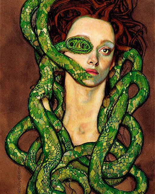 Prompt: portrait of medusa with many green snakes by greg rutkowski in the style of egon schiele