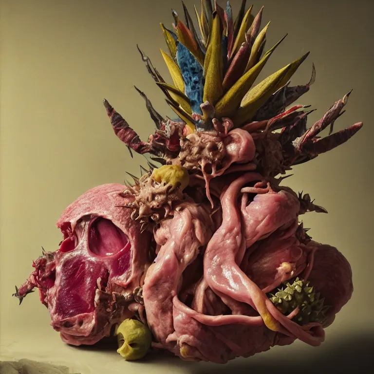 Image similar to still life of beautiful pastel tropical alien flowers, tropical fruit, human spine, rotten meat flesh with colorful mold, muscle tissue, spikes, baroque painting, beautiful detailed intricate insanely detailed octane render, 8K artistic photography, photorealistic, chiaroscuro, Raphael, Caravaggio