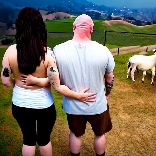 Image similar to portrait of a young chunky bald white male tattoos and his young white female brown hair wife with tattoos. male is wearing a white t - shirt, tan shorts, white long socks. female is has long brown hair and a lot of tattoos. photo taken from behind them overlooking the field with a goat pen. rolling hills in the background of california and a partly cloudy sky