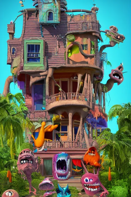 Image similar to a highly detailed 3 d render of an aaahh!!! real monsters house party : 1 | centered, colorful, matte background : 0. 9 | by james gurney :. 8 | unreal engine, deviantart, artstation, octane, finalrender, zbrush, keyshot, concept art, hd, 8 k resolution : 0. 8