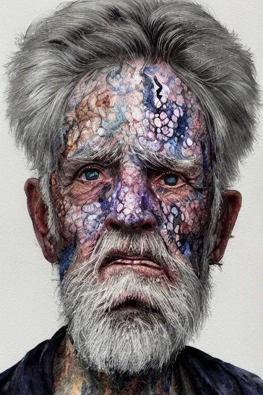 Image similar to portrait of a very old man with aquarelle painted skin. close up, very dark bluish hair, light eyes, intricate dark flowers pattern everywhere, high detail, by Eddie Mendoza