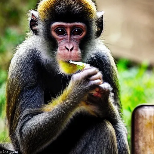 Image similar to a national geographic award winning photograph of a monkey smoking a joint