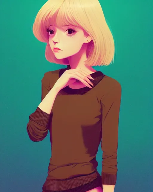 Image similar to digital illustration of pretty girl sa rina with shoulder length blonde hair wearing a sweater, from alice in wonderland, smoking, at night, by ilya kuvshinov, lois van baarle, rossdraws, basquiat