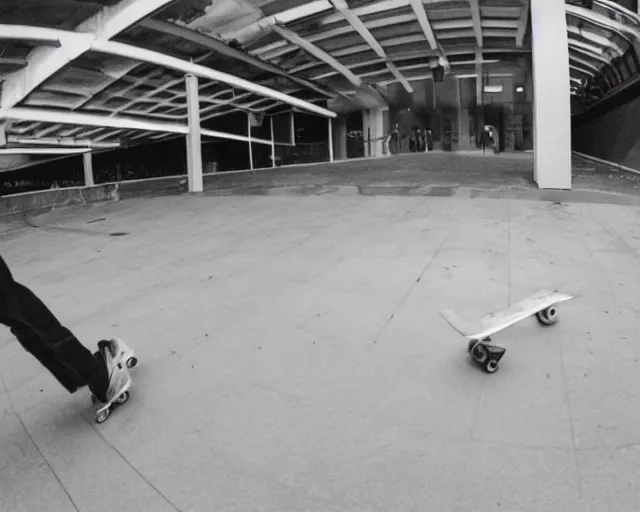 Image similar to camera footage of a Darpa Robots trying to stop skateboarders in an abandoned shopping mall, high exposure, dark, monochrome, camera, grainy, CCTV, security camera footage, timestamp, zoomed in, fish-eye lense, Robot, Skateboarding, Drone, Intense, Darpa,