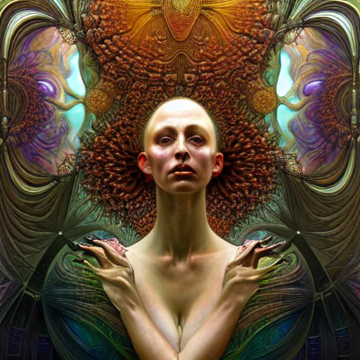 Prompt: mandelbulb of dreams by iris van herpen!, alphonse mucha!, zdzisław beksinski!, raymond swanland. highly detailed!, hyper - real, beautiful!