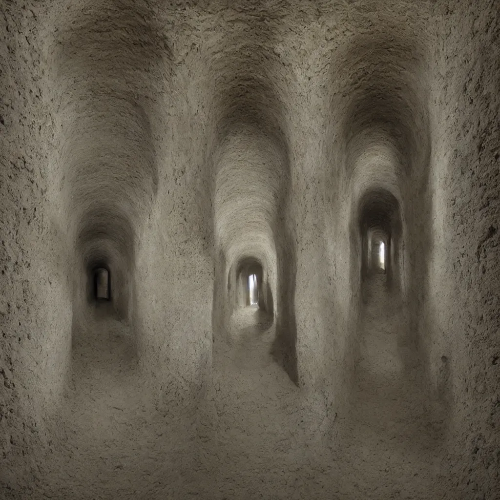 Image similar to chapel, catacomb, ossuary. unsettling. semi - organic. tunnel, doorways. zdzisław beksinski