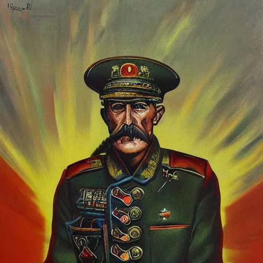 Prompt: a detailed and complex, highly detailed, concept art, soviet propaganda poster depicting a general emu in military uniform. painting by irakli toidze,