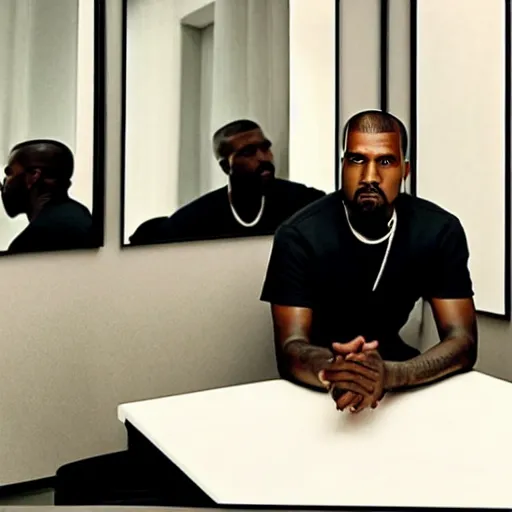 Image similar to photo of Kanye West sitting in a room with mirrors surrounding him