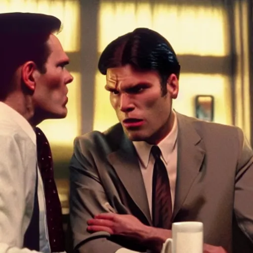 Image similar to Live Action Still of Jerma in Pulp Fiction, real life, hyperrealistic, ultra realistic, realistic, highly detailed, epic, HD quality, 8k resolution, body and headshot, film still