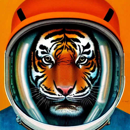 Image similar to Portrait of a Tiger astronaut wearing helmet in the style of James Gilleard, Zdzislaw Beksinski, Mark Ryden, Wolfgang Lettl highly detailed, hints of Yayoi Kasuma