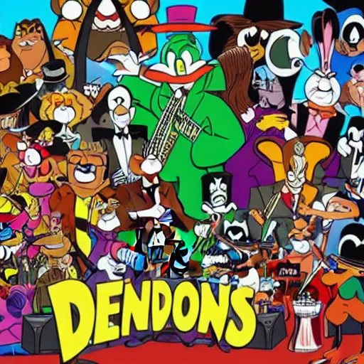 Prompt: an orchestra of various Looney Tunes characters playing a concert. A crowd of Marvel villains is sitting in the audience, realistic, photorealistic, 4k