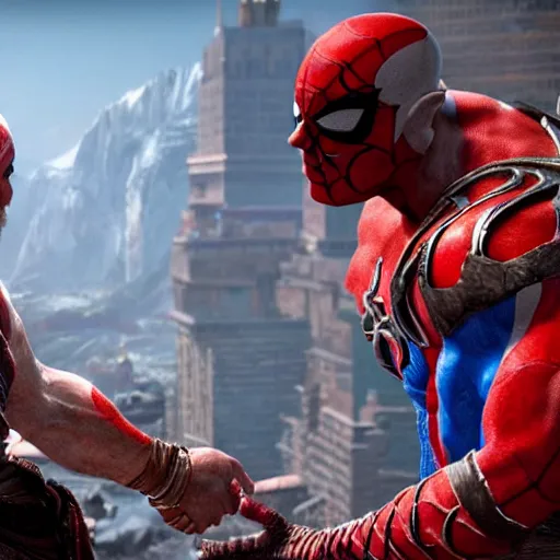 Image similar to screenshot of the game God of War with Kratos and Spiderman shaking hands | Sony Pictures official media | Spiderman | Spiderman | Spiderman