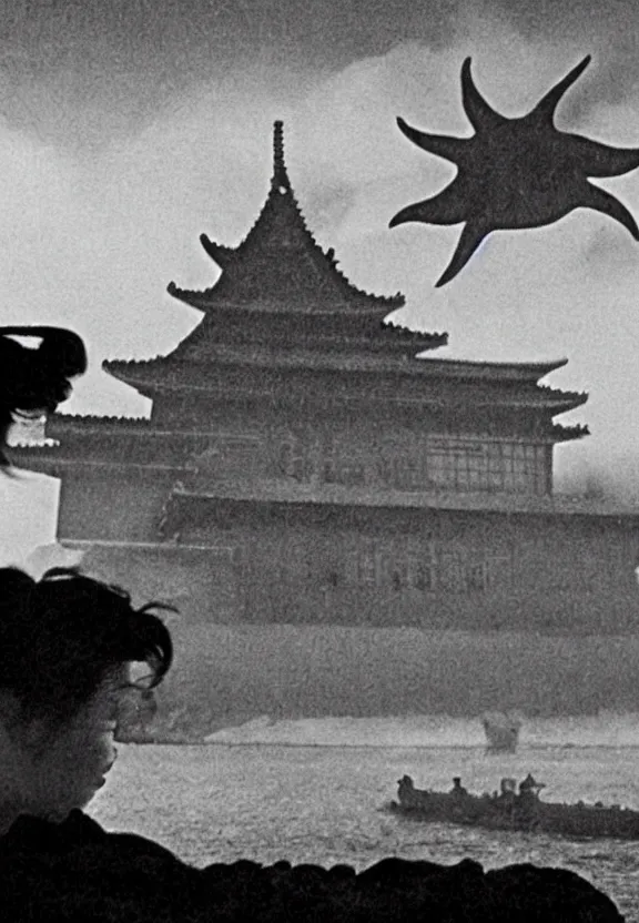 Image similar to a filmstill of a north korean monster movie, kaiju - eiga monster starfish - like trampling a traditional korean palace, foggy, film noir, epic battle, etheral, explosions, communist propaganda, communist epic thriller, by akira kurosawa and wes anderson video compression