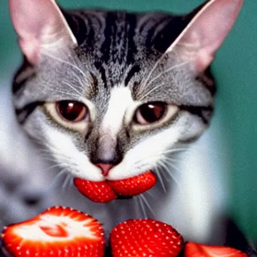 Image similar to 1 9 5 0 s kodachrome photograph of a cat eating strawberries. close up