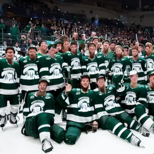 Image similar to Michigan state ice hockey wins national championship in NHL 22 video game, team picture, rendered in unreal engine