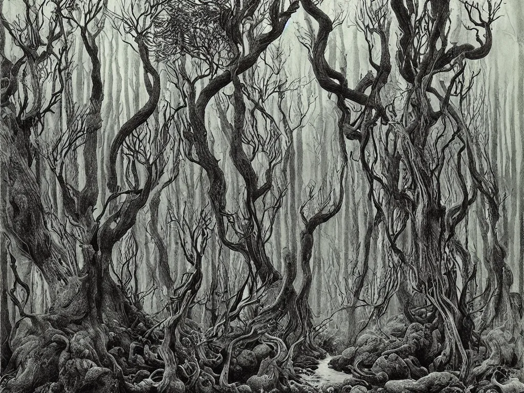 Image similar to dense ancient forest, artstation, by aubrey beardsley, by caspar david friedrich, by laurie lipton, by kay nielsen, by ivan shishkin, calligraphy, divine, paradox, gnarly trees, terrifying, witchcraft!, hope, mountains background