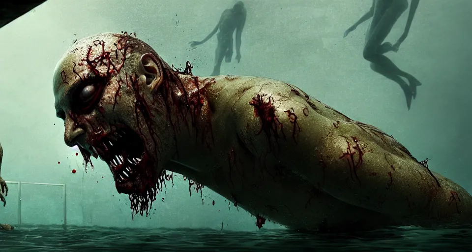 Image similar to highly detailed full body portrait of a zombie swimming underwater in a zombie - apocalypse, in a swimming pool, by greg rutkowski, octane render