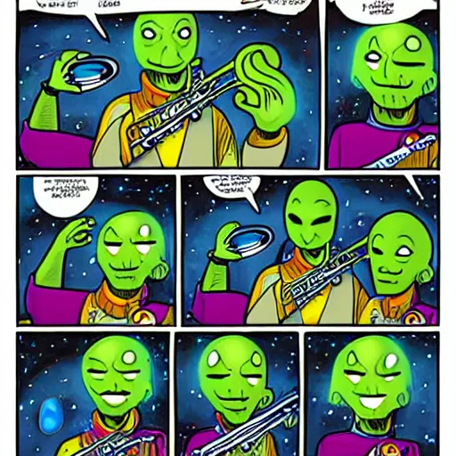 Prompt: aliens playing the trumpet inside a spaceship with windows showing a space full of tiny stars, as a bilal enki comic