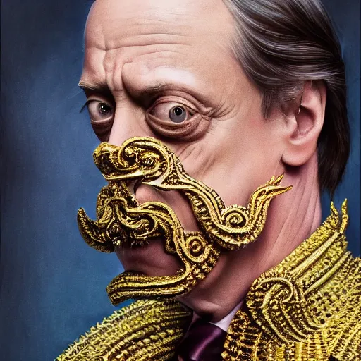 Image similar to 8 5 mm f 1. 8 portrait of steve buscemi wearing an ornate costume by iris van herpen, highly detailed, digital painting, artstation, smooth, sharp foccus, commercial photography, fashion shoot