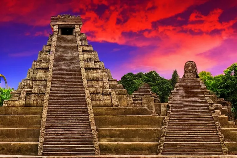 Image similar to ornate detailed aztec temple, flowing blood down steps, jungle setting, red sunset sky