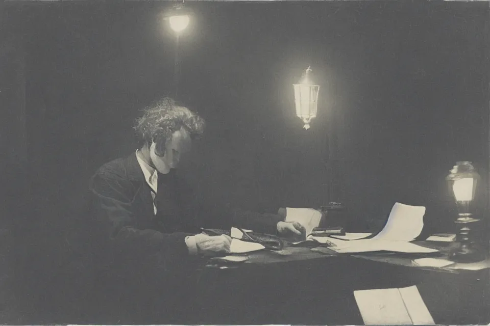 Image similar to wet plate photograph, august strindberg writing alone at a secretary desk in a small viennese apartment, night time, alone, lamplight, victorian era, depth of field, very detailed, highly accurate, intricate