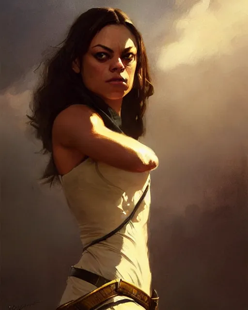 Image similar to mila kunis as a superhero. fantasy art by greg rutkowski, gustave courbet, rosa bonheur, edward hopper. faithfully depicted facial expression, perfect anatomy, sharp focus, global illumination, radiant light, detailed and intricate environment, trending on artstation