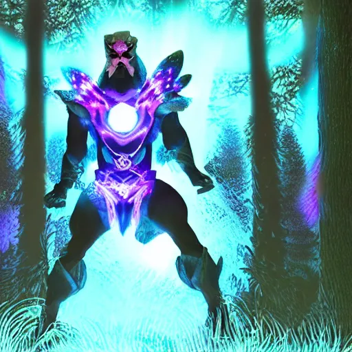 Prompt: a xanxia hero in a dark forest lit by a blue holographic screen