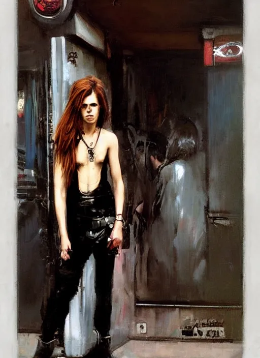 Image similar to androgynous glam rocker outside cbgb in the style of phil hale, sfumato Orientalist portrait by john william waterhouse and James Gurney, Syd Mead, Phil Hale, oil on canvas. Cinematic, hyper realism, realistic proportions, dramatic lighting, high detail 4k