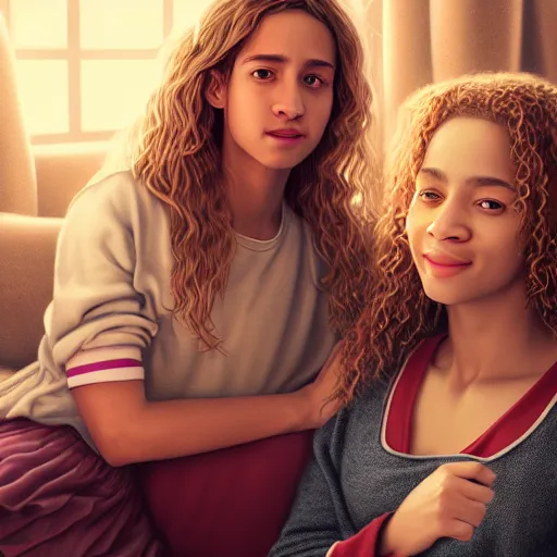 Image similar to intricate beautiful hyperreal portrait of a hermione granger and hermione granger, smiling softly, casual clothes, relaxing on the couch, home interior, golden hour, close up shot, 8 k, art by irakli nadar, hyperrealism, hyperdetailed, ultra realistic