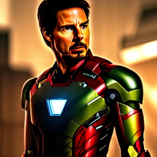 Prompt: movie still portrait of tom cruise playing as tony stark in iron man ( 2 0 0 8 ) sharp focus, shallow depth of field, 4 k editorial photograph