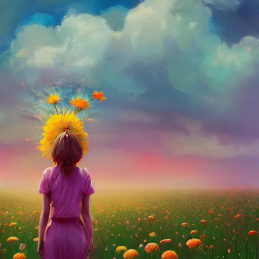 Image similar to girl with an blooming flower for a face, surreal photography, dream, standing in flower field, magical, in a valley, sunrise dramatic light, impressionist painting, colorful clouds, artstation, simon stalenhag, exploding flower face