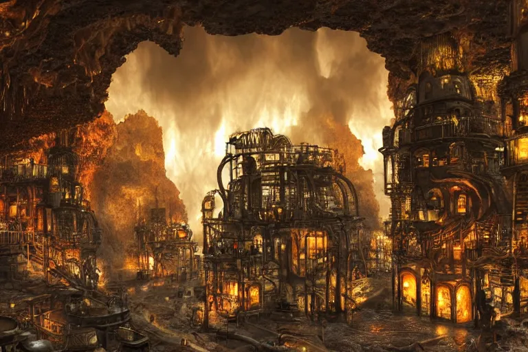 Image similar to a steampunk city inside a cave, lava columns