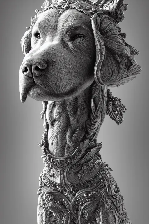 Image similar to Dog as a god, detailed face, statue, gorgeous, Delicate and intricate borders for decoration, amazing, flowing hair, muscular, fit, very muscular male body, crepuscular ray, intricate, highly detailed, 8K, digital painting, artstation, concept art, sharp focus, over-shoulder shot, illustration, art by greg rutkowski beeple and alphonse mucha