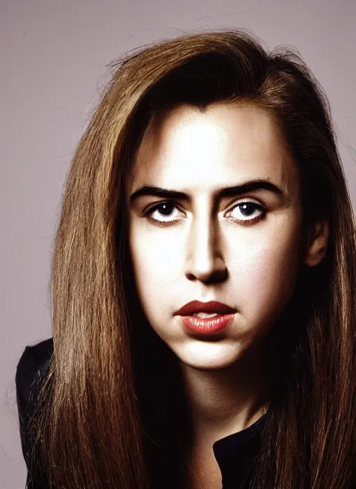 Image similar to portrait of beautiful young female nic cage by mario testino, headshot, detailed, award winning, sony a 7 r