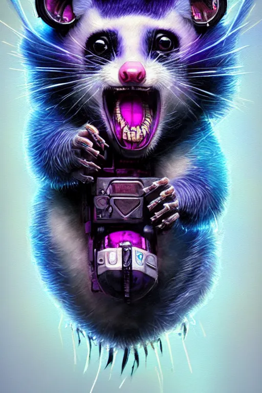 Image similar to a beautiful portrait of a cute cyberpunk opossum screaming by sandra chevrier and greg rutkowski and wlop, purple blue color scheme, high key lighting, volumetric light, digital art, highly detailed, fine detail, intricate, ornate, complex, octane render, unreal engine, photorealistic