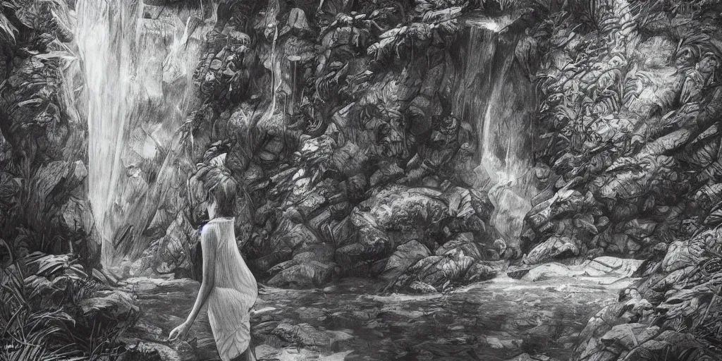 Image similar to girl looking at a waterfall, superwide angle, intricate, highly detailed, illustration, art by Leon Bosko