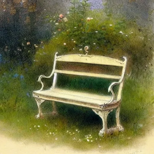 Prompt: ( ( ( ( ( beautiful garden bench. muted colors. ) ) ) ) ) by jean - baptiste monge!!!!!!!!!!!!!!!!!!!!!!!!!!!