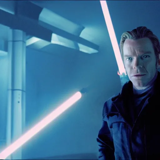 Image similar to film still of ewan mcgregor as a force ghost, star wars, blue ghost, transparent, epic lighting, highley detailled, kodak film