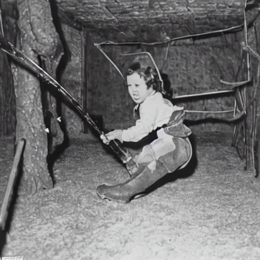 Image similar to photo, an 1 8 0 0's english explorer holding a burning torch while crawling through a 1 9 9 0's mcdonald's play place