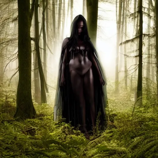 Image similar to glowing cloaked ebony maiden with stunning eyes and a beautiful supermodel face in a dark and creepy forest