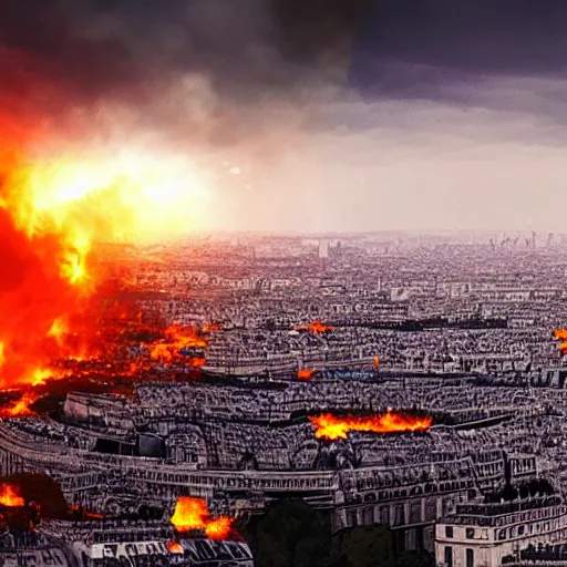 Image similar to a panoramic photo of paris during apocalypse, fire, fumes, 4 k, high quality, artstation