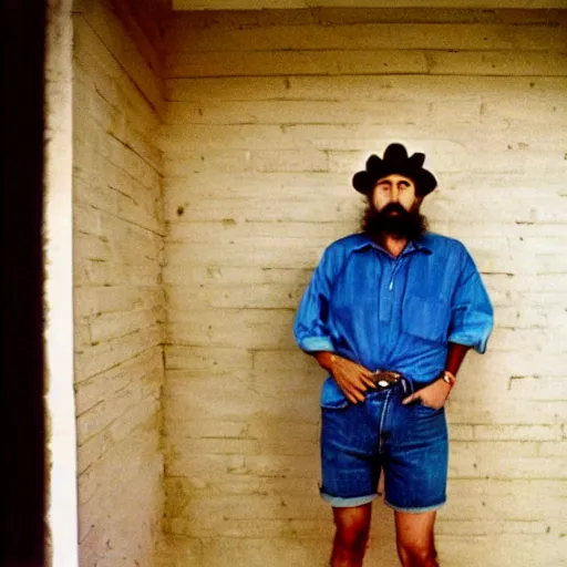 Image similar to fidel castro wearing denim shorts, full body portrait, 3 5 mm film, by nan goldin