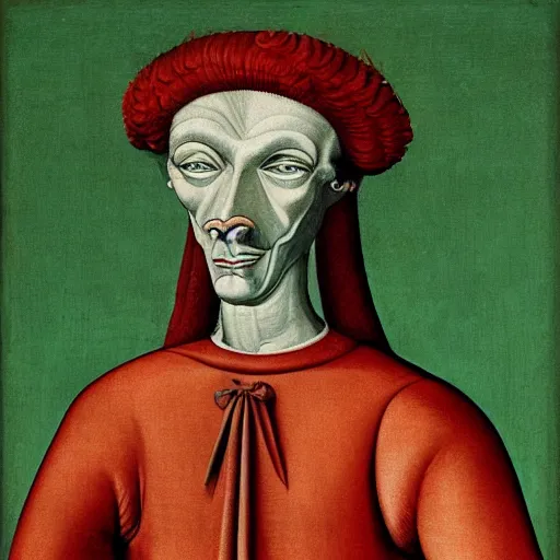 Image similar to portrait of an anthropomorphic ostrich dressed as an italian king, sandro bottecelli, 1 5 0 0