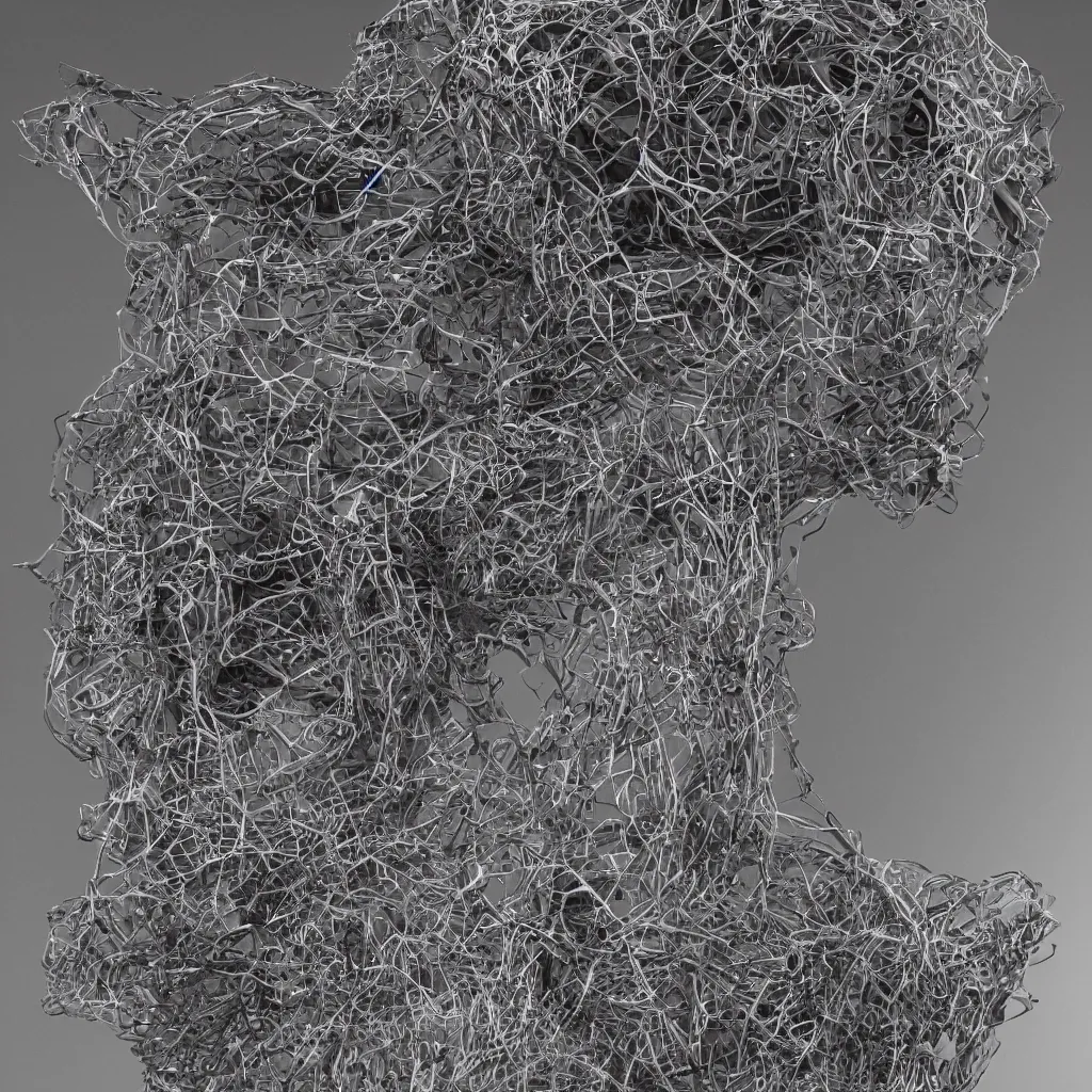 Image similar to 3 d render of a wireframe of a melted human head, sculpture, chrometype, liquid metal, neotribal, raytraced, volumetric lightning, 8 k, by zhelong xu, ouchh and and innate studio