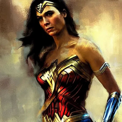 Prompt: wonder woman, realistic, ultrahd, jeremy mann painting