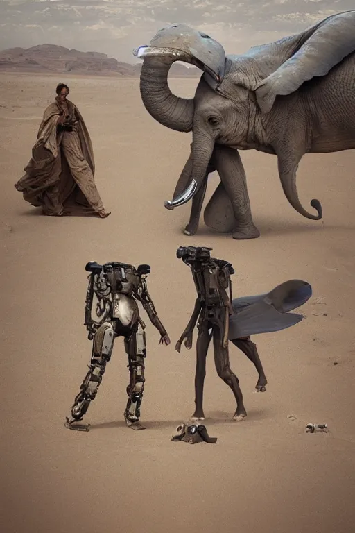 Prompt: 🐘 as 🐋 as 🤖 as 👽 as 🐳, desert photography, by greg rutkowski, by edgar maxence