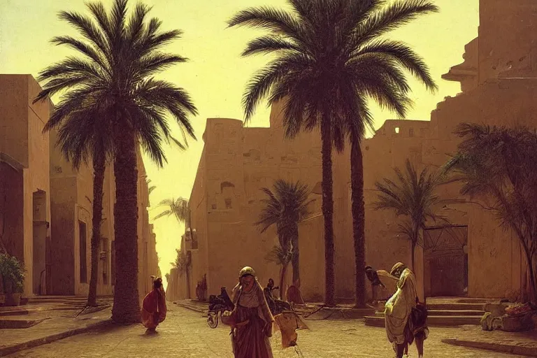 Prompt: palm tree-lined street at midnight in a very ancient very beautiful Egyptian city by Ludwig Deutsch and Rudolf Ernst, colorful tiled architecture, strong dramatic cinematic lighting, lost civilizations, smooth, sharp focus, extremely detailed