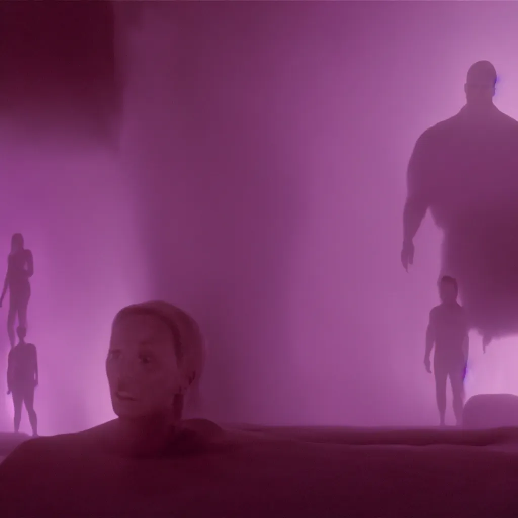 Image similar to cinestill of a giant form made of purple wax float through the living room film still from the movie directed by denis villeneuve with art direction, pouring rain menacing lights shadows, 8 k, hd, high resolution, 3 5 mm, f / 3 2, ultra realistic faces, lost highway